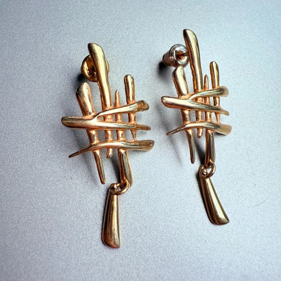 Brutalist Cross Hatch Mid Century Sterling Silver 925, Gold Dangle Earrings MCM